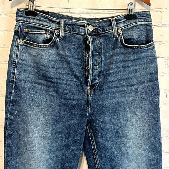 Re/Done Women’s 32 Distressed Ankle Buttoned Ultra High Rise Jeans Indigo Storm - Picture 2 of 13